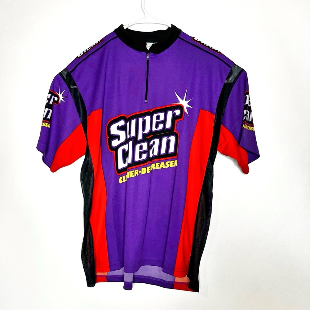Super Clean Sz L Biking Jersey Polyester Jersey Degreaser Advertising EUC